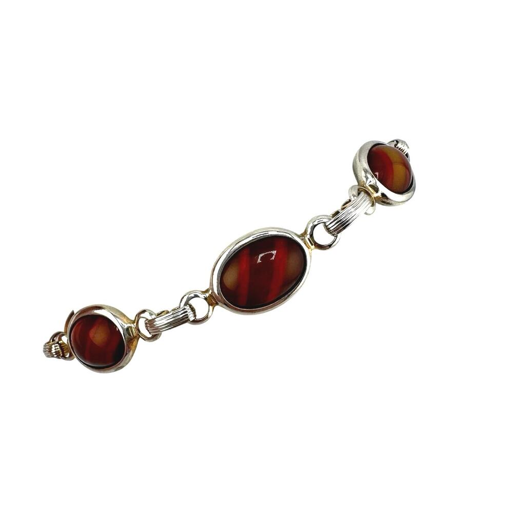 Vintage Sarah Coventry Wood Nymph Caramel Red Band Glass Cabachon 6.5" Bracelet